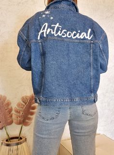 "Classic oversized jeans jacket in dark blue denim with large hand embroidered text \"Antisocial\" on the back. Jacket with pockets , ideal for any occasion. The label size is L, follow the measures. One of a kind! Tag size: L (large) Fits: oversized jacket, fits small, medium, large and extra large, depending on how you like it Measures: Shoulders 60cm, Length 60cm, Sleeve Length 51cm, Chest 62cm Condition: New jacket, Hand embroidery Visit my instagram page: @unikatic P.S. Sorry that the video was made with front camera, so it looks like in the mirror :)" Trendy Embroidered Denim Jacket For Streetwear, Embroidered Dark Wash Winter Outerwear, Embroidered Dark Wash Outerwear For Winter, Relaxed Fit Embroidered Denim Outerwear, Embroidered Denim Outerwear For Streetwear, Embroidered Denim Outerwear With Relaxed Fit, Embroidered Denim Jacket For Winter Streetwear, Casual Embroidered Denim Outerwear, Casual Embroidered Denim Blue Outerwear