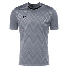 Nike Challenge V Jersey. Gear up your team for victory. Lightweight and slim fit. Embroidered Nike logo. Mesh back panel. Dri-FIT technology for cool comfort. 100% polyester. Gray Sporty T-shirt For Sports, Nike Gray Sports T-shirt, Sporty Jersey With Logo Print For Sports, Gray Sports T-shirt, Sporty Logo Print Sports Jersey, Nike Sports T-shirt In Gray, Gray Sports T-shirt With Team Name, Sports Team Gray T-shirt, Nike Jersey With Team Name For Sports