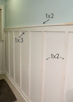 the measurements for closet doors are shown on the wall next to the door way in the bathroom