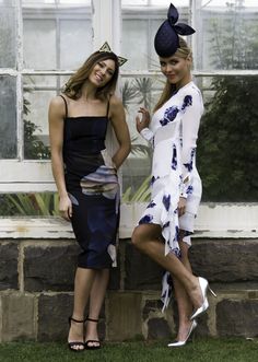 (Left) PASDUCHAS 'Ophelia Split Midi' paired with NATALIE BIKICKI 'Gold Ears' (Right) JOSH GOOT 'Georgette Dress' paired with ALLPORT MILLINERY 'Navy Teardrop' Racing Fashion, Races Fashion, Georgette Dress