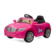 a pink toy car with black wheels and a barbie doll in the front seat, on a white background