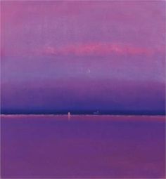 an oil painting of a boat in the distance with purple and pink clouds above it