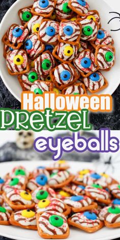 halloween pretzel eyeballs on a plate and in a bowl with candy eyes