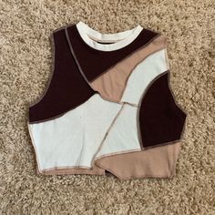 Very Stretchy! Fits Small-Xlarge Cropped Brown, White, And Cream Patchwork Details Great Condition Never Worn Models Measurements: 27 Waist, 34 B Bra Size, Wears Shirts: Small/ Medium Tops Shein, Crochet Boho Top, Ribbed Crop Top, Boho Crochet, Shein Tops, Casual Tank Tops, Fitted Skirt, Boho Blouses, Textured Knit