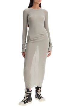 Find RICK OWENS Long Fitted Jersey Dress on Editorialist. This long dress by Rick Owens is made of semi-transparent stretch silk and viscose jersey, with ribbed detailing. It features a fitted design with a round neckline, long sleeves, raw-cut hems, and a central seam on the back. The model is 177 cm tall and wears an Italian size 40. Bodycon Maxi Dress With Sheer Sleeves, Stretch Maxi Dress With Sheer Sleeves, Sheer Sleeve Bodycon Maxi Dress, Fitted Long Mesh Dress For Spring, Sheer Long Fall Dresses, Sheer Maxi Dress For Fall, Fall Sheer Maxi Dress, Sheer Stretch Midi Dress, Sheer Long Sleeve Bodycon Maxi Dress