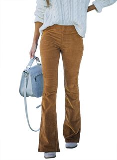 PRICES MAY VARY. Flattering corduroy flare bell bottoms pants with two back pockets to create vintage style for your daily look. Comfortable and soft corduroy fabric. Embracing you with its moderate thickness,softness and comfort. Wear it all day to feel happy and cozy. A must-have in every women’s wardrobe. Fashion corduroy flare trouser jeans made of high quality material and have a trendy look. You would want to wear it wherever you go. Stylish corduroy flare bottoms bell pant could easily pa Bell Bottom Trousers, Celana Fashion, Flare Bottoms, Wardrobe Fashion, Western Outfits Women, Country Concert Outfit, Stylish Pants, Feel Happy, Long Trousers