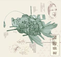 a drawing of an airplane engine and its parts in chinese writing on a white background