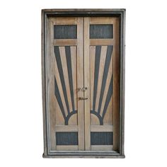 an old wooden door with decorative designs on the front and side panels, isolated against a white background