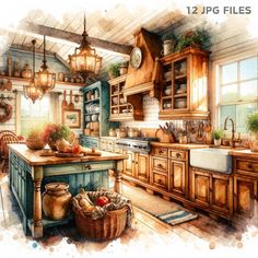 a watercolor painting of a kitchen with lots of cupboards