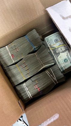 a cardboard box filled with bundles of money