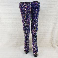 Adore 3020 Purple Multi Sequin High Heel Platform Thigh High Boots US Sizes NY | Totally Wicked Footwear Purple Knee-high Party Boots, Purple Fitted Heeled Boots For Winter, Fitted Thigh High Heeled Boots, Fitted Purple Heeled Boots For Winter, Purple Heeled Boots For Winter Party, Fitted Thigh High Platform Boots, Winter Party Legwear Fitted, Fitted Winter Party Legwear, Fitted Thigh High Heeled Boots For Party