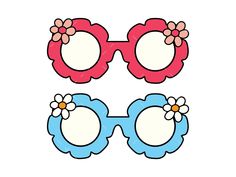 a pair of pink and blue sunglasses with flower decorations on the side, both in front of