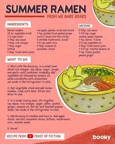 the recipe for summer ramen is shown in red and yellow colors, with instructions on how to make it