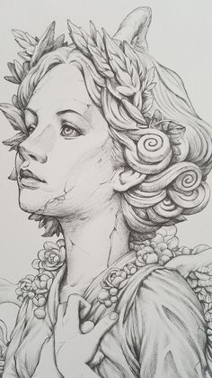 a drawing of a woman with flowers in her hair