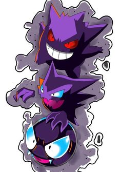 some very cute looking pokemons with big eyes and fangs on their faces, all in purple