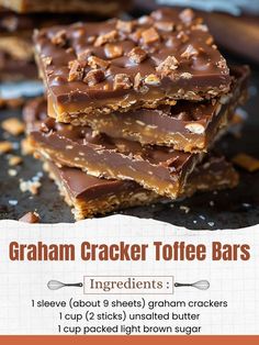 graham cracker toffe bars stacked on top of each other with text overlay