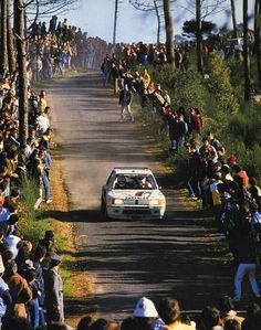 a car driving down a road surrounded by trees and people watching from the sidelines