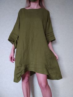 "Loose linen tunic with pockets. Great choice when you need comfortable and stylish outfit combination. You can wear it with trousers, leggings, shorts, skirts. The good thing about tunics is that you can wear them also by themselves with nothing or for example as beach cover ups. Linen tunic dress is perfect for warm days and vacation. As linen regulates body temperature, is lightweight and really absorbent, which makes it the perfect fabric for summer. ABOUT Length of this linen tunic on back Casual Khaki Linen Dress, Khaki Beach Dresses With Pockets, Beach Dresses With Pockets In Khaki, Green Linen Dress With Relaxed Fit For Vacation, Green Relaxed Fit Linen Beach Dress, Green Relaxed Fit Linen Dress For Vacation, Spring Vacation Lagenlook Linen Dress, Green Linen Long Sleeve Dress For Beach, Green Bohemian Linen Dress