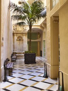 a palm tree is in the middle of an indoor courtyard with tiled flooring and yellow walls