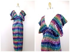 "What a colorful dress! It's fully embellished with bright sequins in a horizontal rainbow design. It's in excellent condition! Measurements: Bust - 32-36\" Waist - 30-34\" Hips - 40-44\" Length - 51\" This dress comes from a pet-free and smoke-free home. If you would like more info or have any questions, please don't hesitate to ask!" Festive Multicolor V-neck Dress, Glamorous Multicolor V-neck Sequin Dress, Multicolor Sequin Fabric For Summer Night Out, Multicolor Sequin Fabric For Summer Nights, Multicolor Sequin Fabric For Spring Night Out, Summer Party Dress With Rainbow Print, Embellished Multicolor Dress For Party Season, Multicolor Dress For Wedding And Party Season, Multicolor Wedding Dress For Party Season