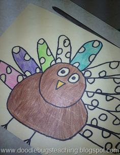 a drawing of a turkey on top of a piece of paper with colored pencils