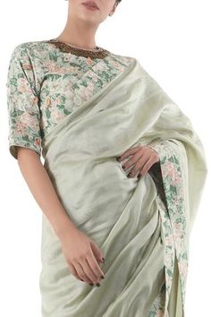 Shop for Nikasha Grey Chanderi Saree With Blouse for Women Online at Aza Fashions Chanderi Saree, Blouse Back, Embellished Blouse, Blouse For Women, Saree With Blouse, Blouse Online, Aza Fashion, Floral Motif, Jade