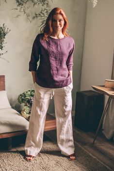 "Summer Linen Blouse in Amethyst purple, Classic Linen Top for Women ♠ This linen top will easily become your first choice spring or summer item. Featuring an elegant 3/4 sleeve and classic line, this piece will be a favorite in your wardrobe for its easiness, beauty and practicality. Made from 100% natural washed and soft linen that is perfect for your summer wardrobe. ♠ Sizes The model on the picture is 165 cm/5'5\" tall and is wearing size S. Have a look at my Size Chart below to make sure your piece will fit you best. ** Custom Orders For any changes or adjustments you may need, please contact us before making a purchase. The amount of the additional payment depends on the type of customization requested. Please allow additional time for custom sized orders. Please note that we cannot Purple Long Sleeve Relaxed Fit Blouse, Purple Relaxed Fit Long Sleeve Blouse, Casual Purple Blouse 3/4 Sleeve, Casual Purple Blouse With 3/4 Sleeves, Sale Campaign, Linen Clothing, Clothing Casual, Summer Linen, Linen Blouse