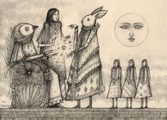 an image of three women standing in front of the sun with birds on their shoulders