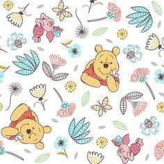 a winnie the pooh wallpaper with flowers and butterflies