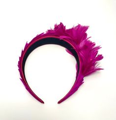 Headband with natural feathers, collection: "Jardín de plumas", JARDIN DE BUGANVILLAS or JARDIN DE VIOLETAS models. Wide headband base (4 cm) lined with satin and completely covered on the outside with natural goose feathers dyed in bougainvillea color. Decorated on one side by a bouquet of flowers made with the same feathers as the headband. It is a particularly dark and intense shade of fuchsia, close to magenta. Available without veil or with veil. Upon request it can be made in a conventiona Party Headband With Feather Trim, Adjustable Feather Headband For Spring, Adjustable Feather Headband For Summer, Ostrich Feather Trim Headband, Pink Feathered Headpieces For Summer, Adjustable Pink Fascinator With Feathers, Purple Feather Headpieces For Spring, Carnival Headband With Feather Trim, Adjustable Feather Trim Headband