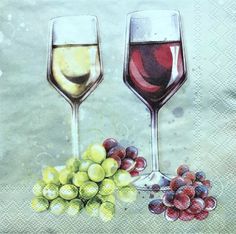 two glasses of wine and some grapes on a napkin with watercolor drawing style background