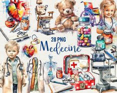 watercolor medical clipart set with doctor, nurse and teddy bear in the background