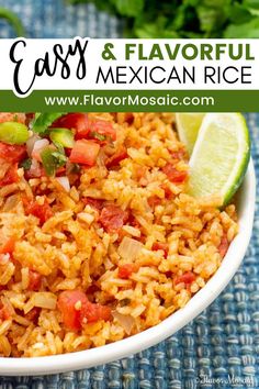 mexican rice in a white bowl with limes and cilantro on the side