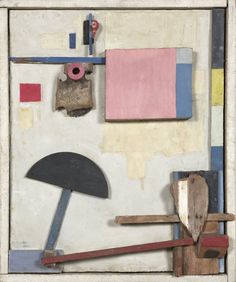 an abstract painting with various tools and colors on the wall, including a large hammer