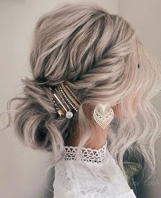 Medium Length Updos For Wedding, Wedding Hairdo For Medium Hair, Hair Accessory Styles, Bohemian Hairstyles For Short Hair, Cool Updos For Medium Hair, Gray Hair Updo, Updos For Long Length Hair, Bohemian Hairstyles For Medium Hair, Medium Length Hair Styles For Wedding