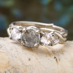 White Sapphire and Meteorite Engagement Ring Meteorite Engagement Ring, Dinosaur Bone Ring, Gibeon Meteorite, Mens Wedding Bands Unique, Meteorite Jewelry, White Sapphire Engagement Ring, Sapphire Stones, Meteorite Ring, Band Design