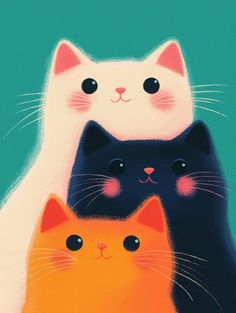 three cats are standing next to each other in front of a blue background and one cat is looking at the camera