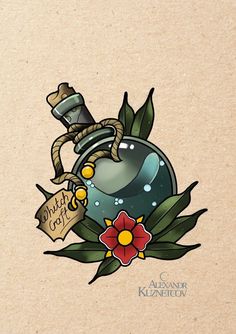 an old school tattoo design with a bomb and flowers