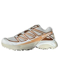 SALOMON XT-Pathway Metallic Sneakers 'White Ftw Copper Almond Milk' 474389 White Sneakers For Sports, White Lace-up Running Shoes For Trail Running, White Breathable Sneakers, Medium Fit, White Breathable Sneakers Medium Fit, White Lace-up Athleisure Trail Running Shoes, White Athleisure Trail Running Shoes For Streetwear, White Low-top Trail Running Shoes With Air Cushioning, White Athleisure Running Shoes With Perforations, White Custom Sneakers With Perforations For Light Sports