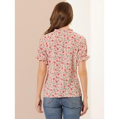 Crafted with soft and stretchy material, and printed with cute ditsy floral patterns, this chiffon top is perfect for ladies, teens, and girls. This pretty floral blouse has a relaxed-fit silhouette and flounces at the front, which highlights your charm. A ruffled frill neck and ruffle short sleeves with elastic cuffs would give an elegant and fashionable style. Perfectly paired with any pants or jeans for a casual look. Ruffle Top Blouses, Three Quarter Sleeve Blouses, Mock Neck Blouse, Pink Floral Pattern, Women's Blouses, Sewing Party, Ruffle Shorts, Hem Style, Woven Top