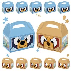 an assortment of boxes with cartoon characters on the front and back, all in different shapes and sizes