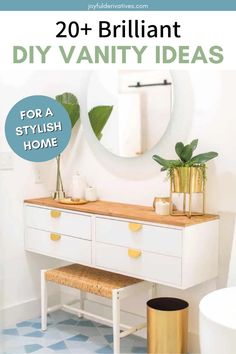 a white dresser sitting next to a mirror on top of a wooden table in a bathroom