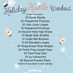 the holiday hustle workout schedule is shown with snowflakes and hot air balloons