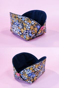 three different views of the inside of a flowered purse with buttons and flowers on it