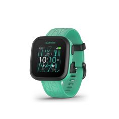 the garmin smart watch is shown in mint green and features a large screen display