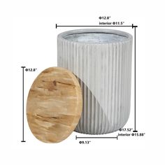 a white vase with a wooden lid and measurements for the top part of it on a white background