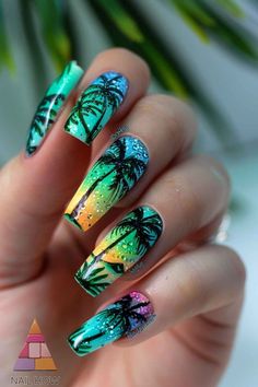 Nail Inspiration Almond, Almond Nail Inspiration, Summer Nails Square, Nail Designs Trends, Beach Nails Art, Summer Nails Inspiration, Silk Wrap Nails, Palm Tree Nails, Cute Short Nails