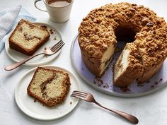 two plates with slices of cake on them and one has a slice missing from it