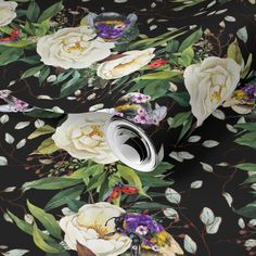 a black floral wallpaper with white and purple flowers