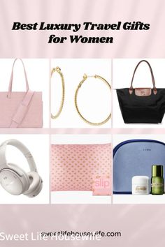 a collage of pink work tote, gold earrings, black foldable tote bag, overear headphones, silk pillowcase, travel mini la mer skincare kit text overlay Best luxury travel gifts for women Designer Travel Tote, Cashmere Travel Wrap, Travel Wrap